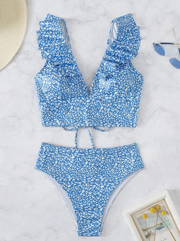 Lace Ruffled V-Neck Bikini Set – High-Waisted, Split Detail, Nylon Knit