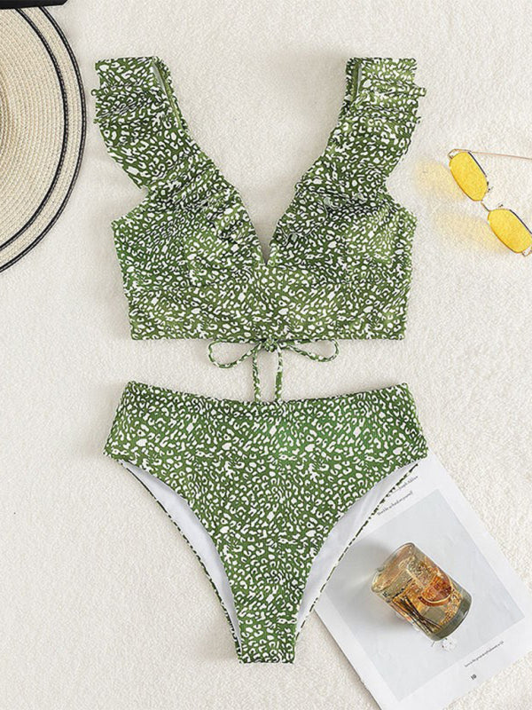 Lace Ruffled V-Neck Bikini Set – High-Waisted, Split Detail, Nylon Knit