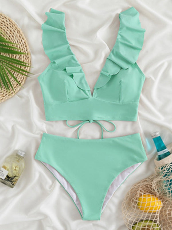 Lace Ruffled V-Neck Bikini Set – High-Waisted, Split Detail, Nylon Knit