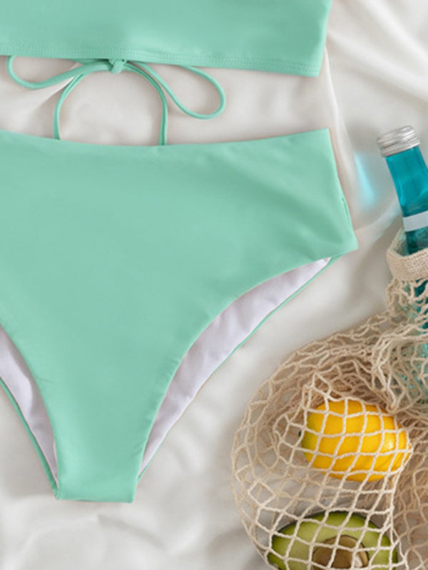 Lace Ruffled V-Neck Bikini Set – High-Waisted, Split Detail, Nylon Knit