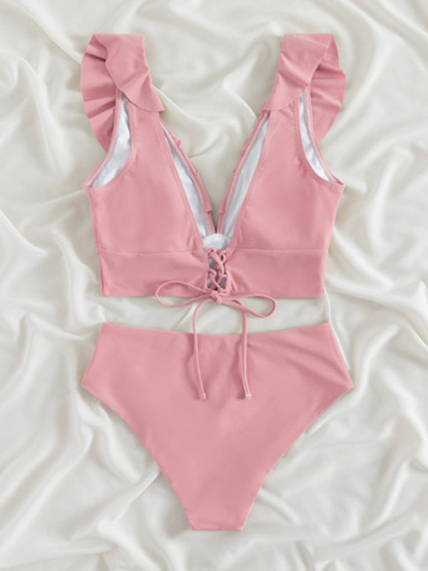 Lace Ruffled V-Neck Bikini Set – High-Waisted, Split Detail, Nylon Knit