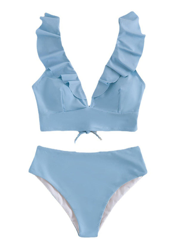 Lace Ruffled V-Neck Bikini Set – High-Waisted, Split Detail, Nylon Knit