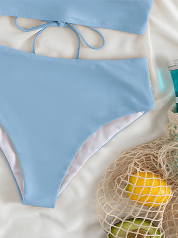 Lace Ruffled V-Neck Bikini Set – High-Waisted, Split Detail, Nylon Knit