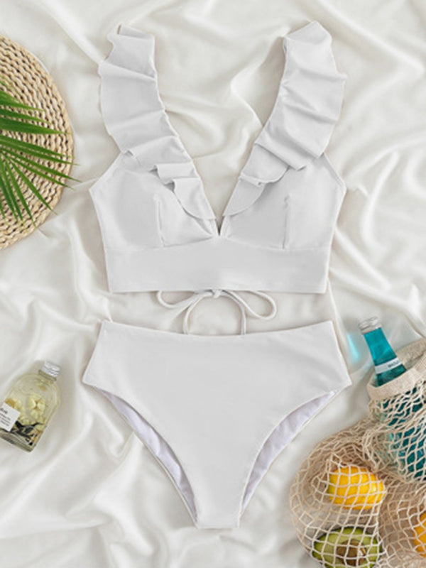 Lace Ruffled V-Neck Bikini Set – High-Waisted, Split Detail, Nylon Knit