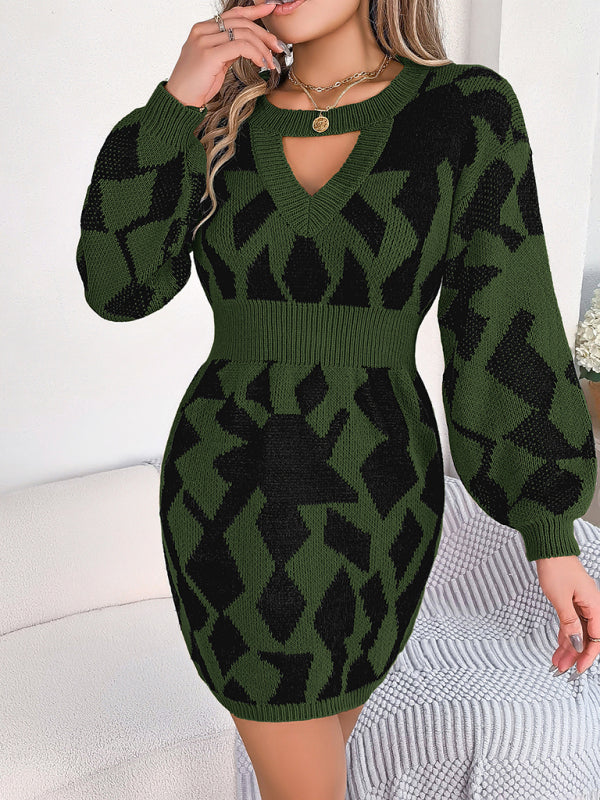 New casual color-blocked hollow lantern sleeve waisted sweater dress