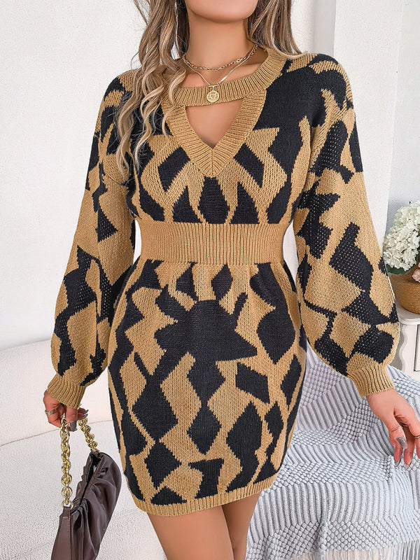 New casual color-blocked hollow lantern sleeve waisted sweater dress
