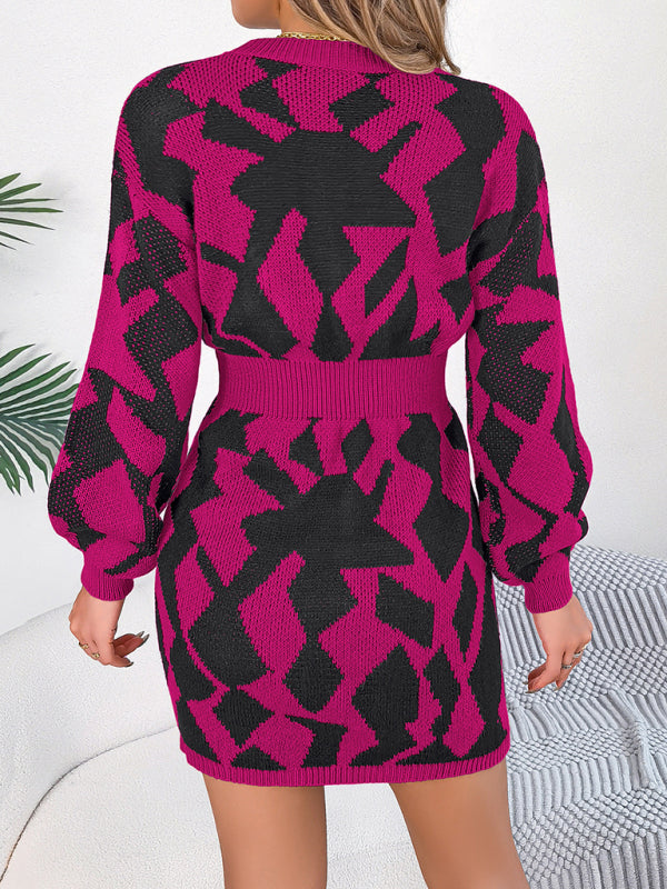 New casual color-blocked hollow lantern sleeve waisted sweater dress