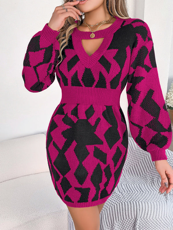 New casual color-blocked hollow lantern sleeve waisted sweater dress