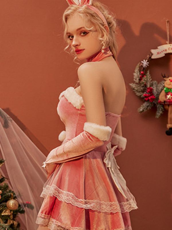 Faux Fur Trim Sexy Lingerie Dress Set – Lace & Ribbon Holiday Style