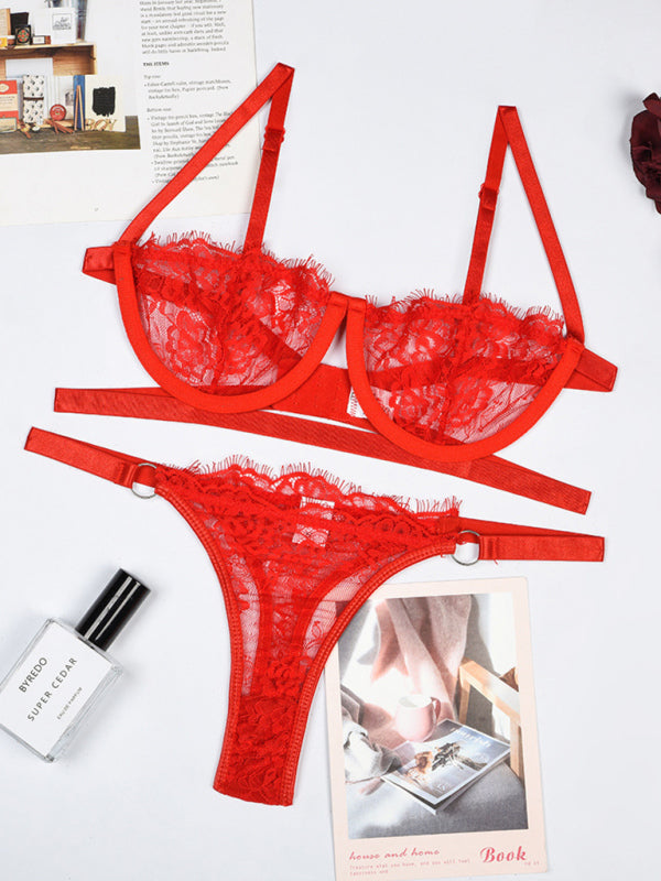 Sheer Three-Piece Lingerie Set with Underwire and Strappy Design