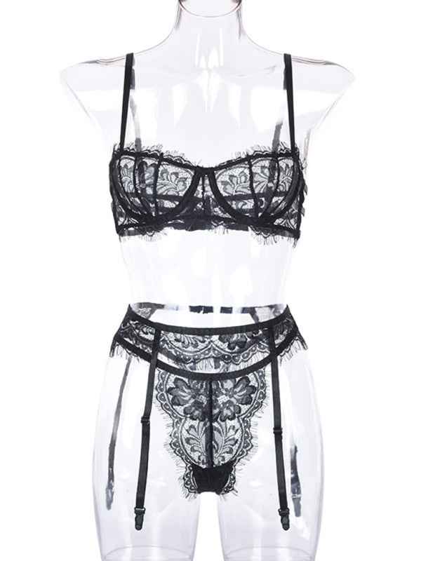 Sexy Hollow Suspender Lingerie 3-Piece Set – High Stretch, Sultry Look