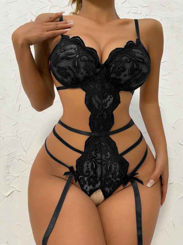 Sexy Hollow Suspender Bodysuit – High Stretch Knit Lingerie for Women