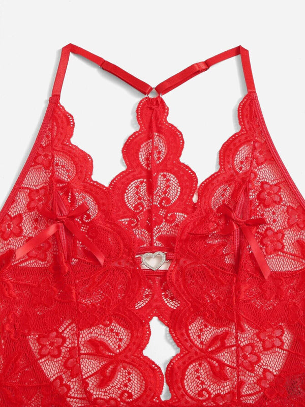 Sexy Lace Sheer Crotchless One-Piece Lingerie – Spandex Blend