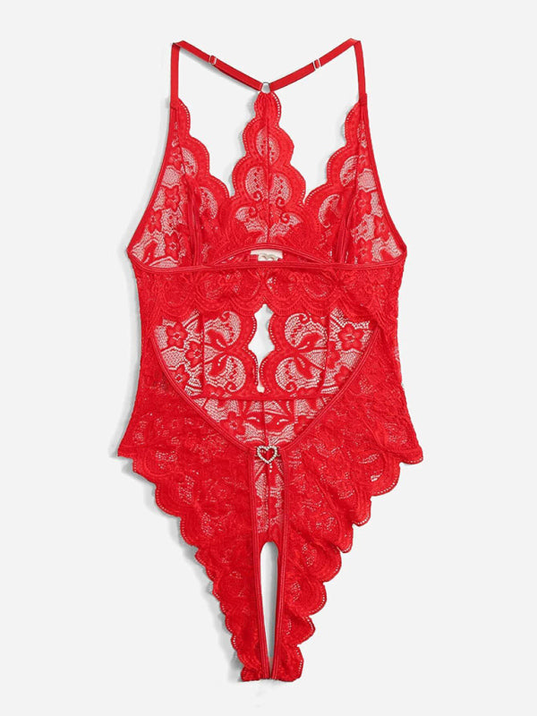 Sexy Lace Sheer Crotchless One-Piece Lingerie – Spandex Blend
