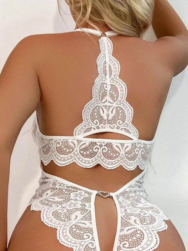 Sexy Lace Sheer Crotchless One-Piece Lingerie – Spandex Blend