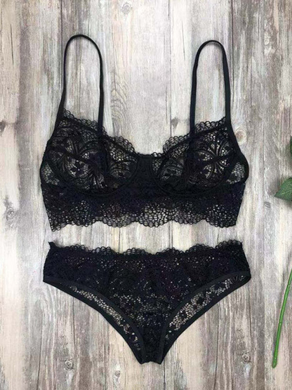 Solid Color Eyelash Lace Lingerie Set – Sexy Two-Piece Underwear Set