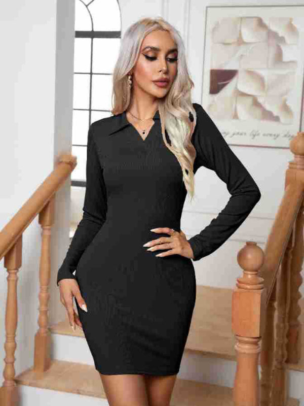 Ribbed Lapel Long Sleeve Bodycon Mini Dress – Cozy Knit Style