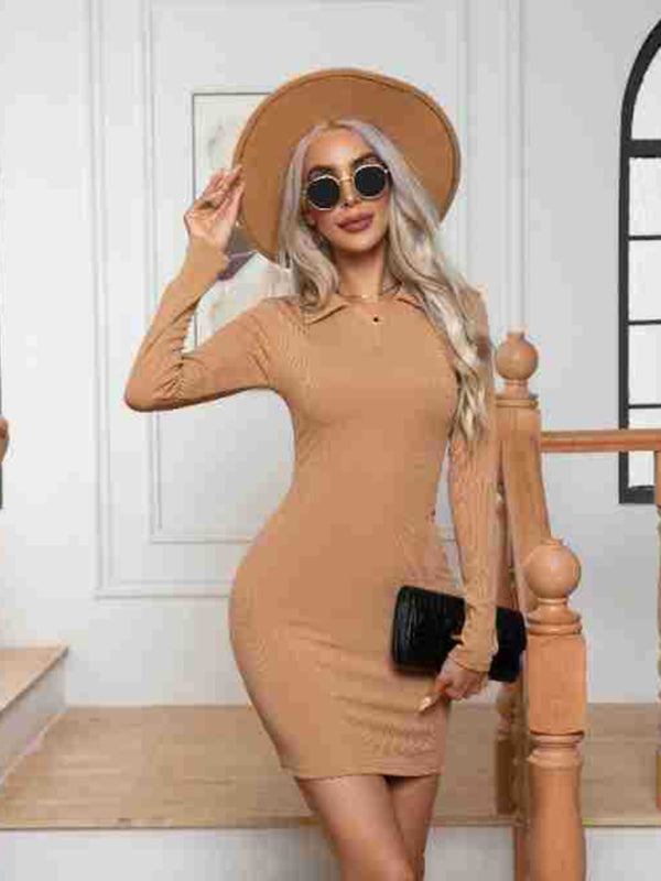 Ribbed Lapel Long Sleeve Bodycon Mini Dress – Cozy Knit Style