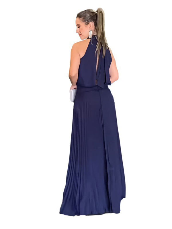 Backless Halterneck Pleated Dress – Sleeveless Strappy Woven Design
