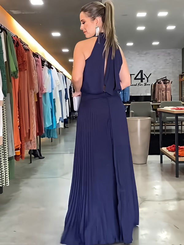 Backless Halterneck Pleated Dress – Sleeveless Strappy Woven Design
