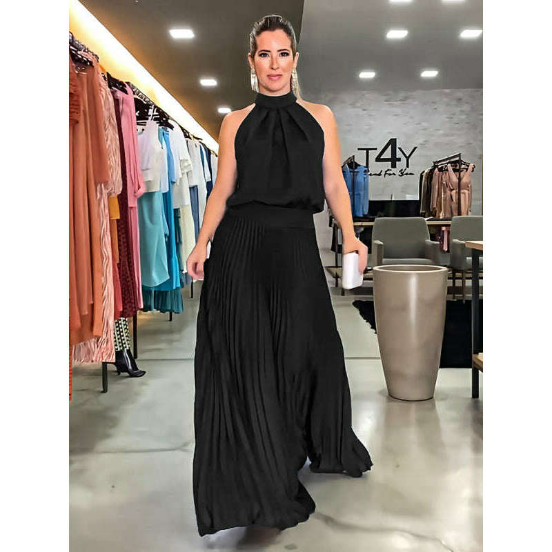 فستان بظهر مكشوف برقبة هالتر مطوي – تصميم منسوج بدون أكمام بأشرطة ماريا المبتسمة --- كل شيء للنساء 34651648