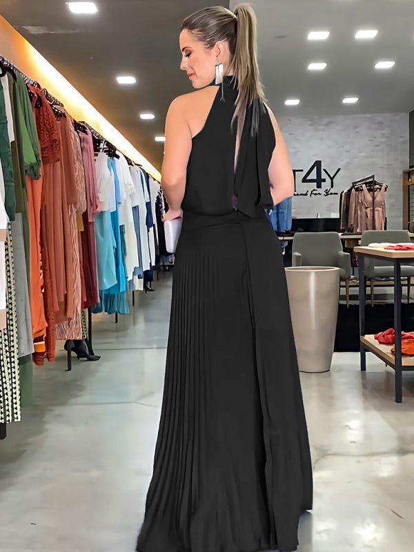 Backless Halterneck Pleated Dress – Sleeveless Strappy Woven Design