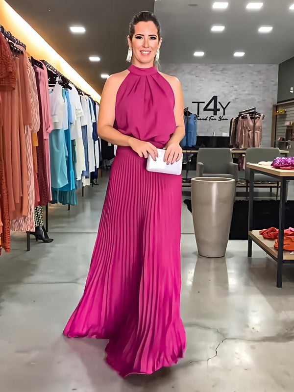 Backless Halterneck Pleated Dress – Sleeveless Strappy Woven Design