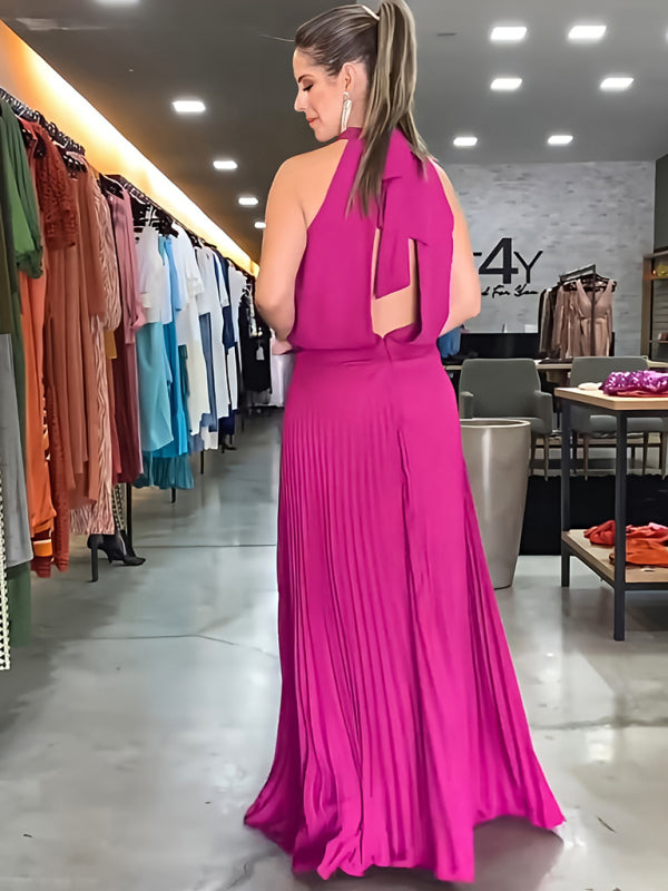 Backless Halterneck Pleated Dress – Sleeveless Strappy Woven Design