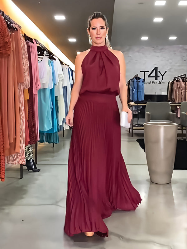 Backless Halterneck Pleated Dress – Sleeveless Strappy Woven Design