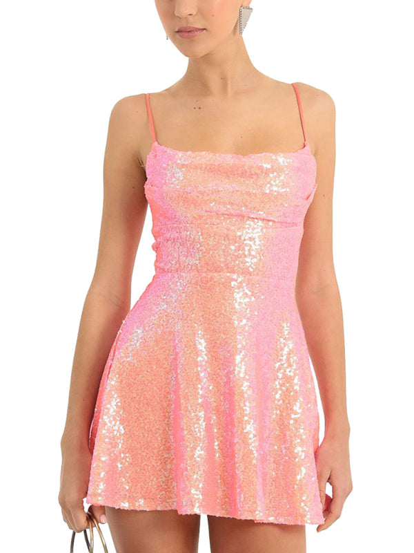 Sequin Bow Contrast Strappy Party Dress