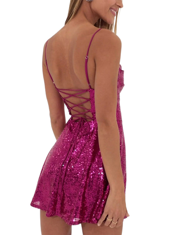 Sequin Bow Contrast Strappy Party Dress