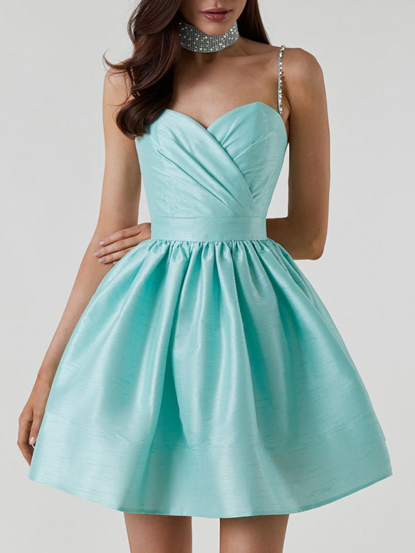 Rhinestone Pleated Suspender Dress – Sexy & Elegant