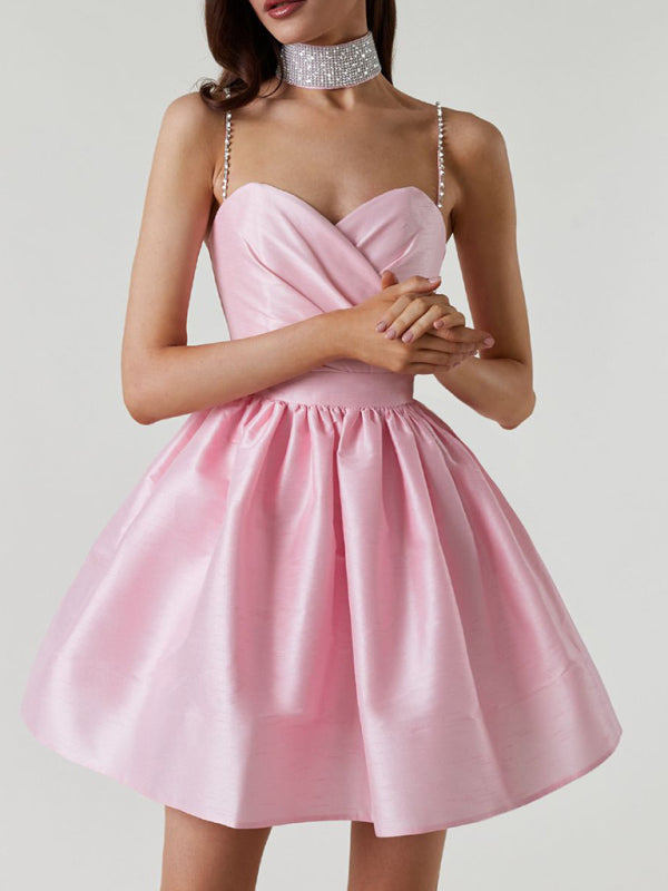 Rhinestone Pleated Suspender Dress – Sexy & Elegant