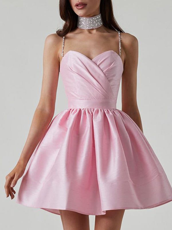 Rhinestone Pleated Suspender Dress – Sexy & Elegant