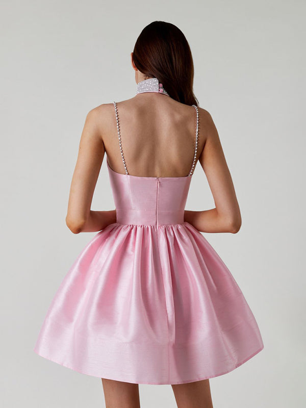 Rhinestone Pleated Suspender Dress – Sexy & Elegant