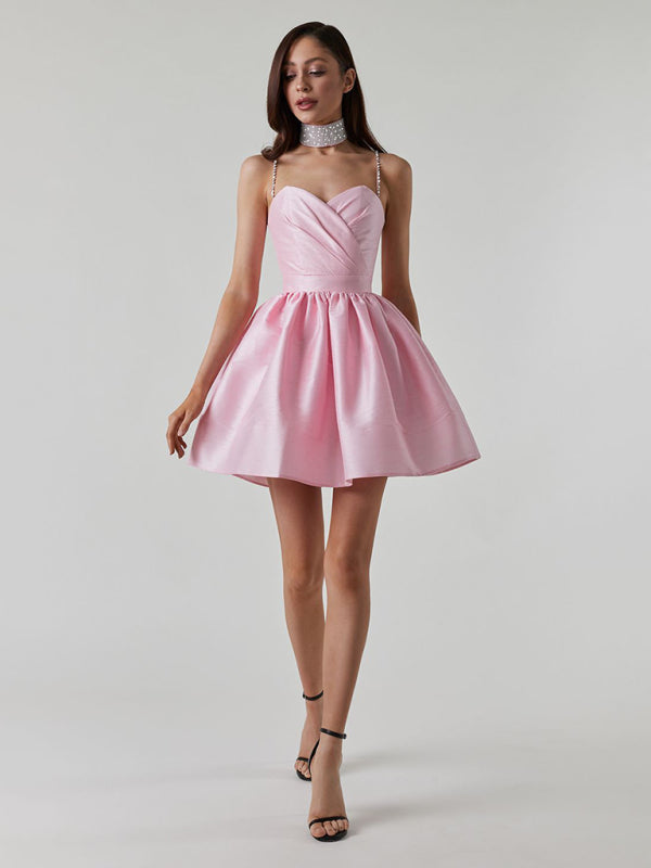 Rhinestone Pleated Suspender Dress – Sexy & Elegant