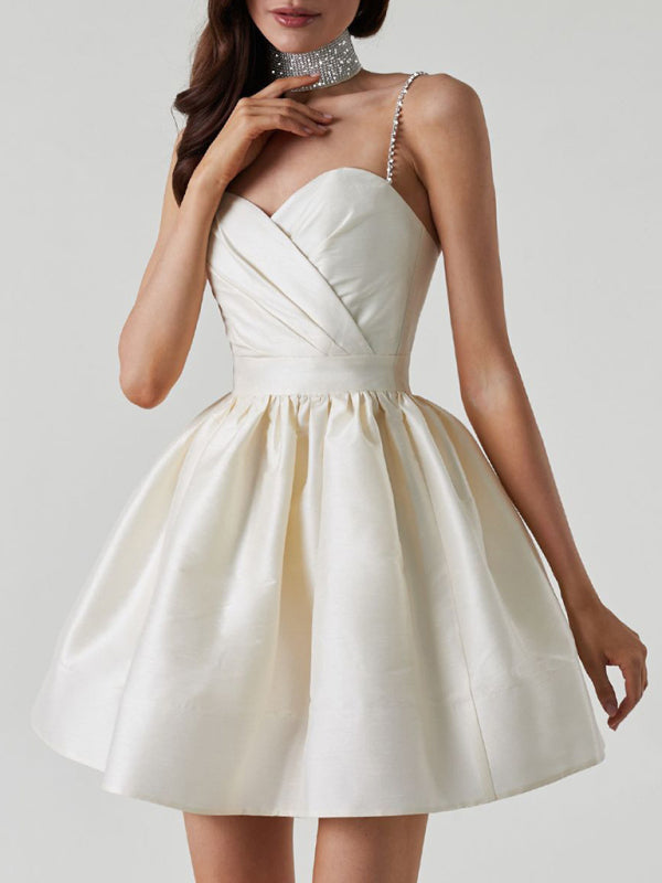 Rhinestone Pleated Suspender Dress – Sexy & Elegant