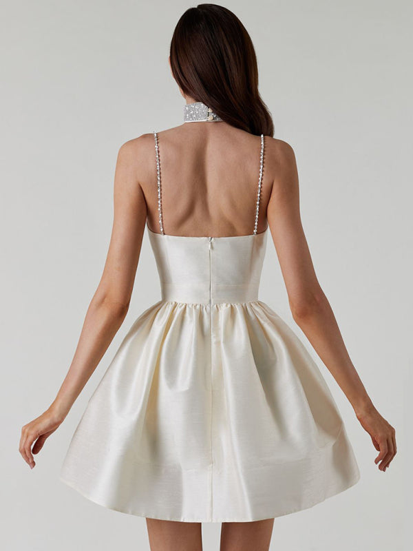 Rhinestone Pleated Suspender Dress – Sexy & Elegant