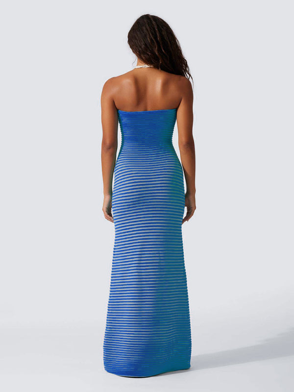 Tube top long knitted striped sexy slim fit hip-hugging dress