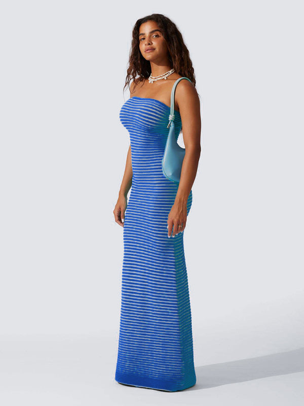Tube top long knitted striped sexy slim fit hip-hugging dress