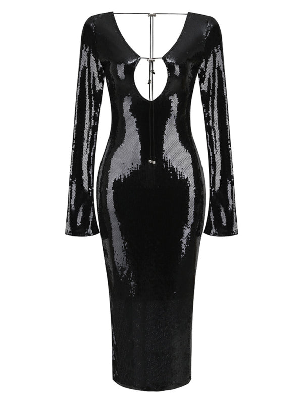 Sequin V-Neck Backless Slim Party Dress