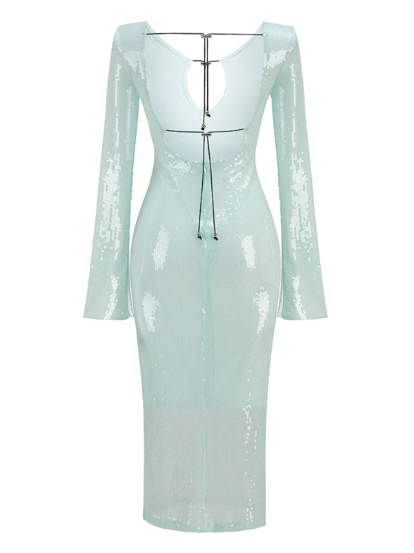 Sequin V-Neck Backless Slim Party Dress
