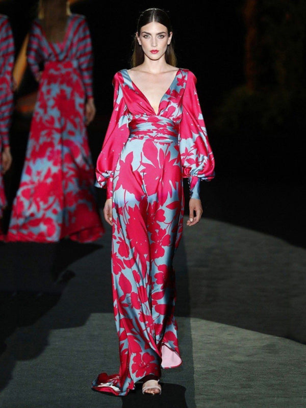 Floral High-Waist Long Dress – Lantern Sleeves & V-Neck, Rose