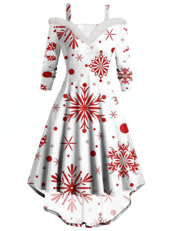 Plush Christmas Off-Shoulder High-Low Dress – Long Sleeve, Deep V, Knit Style