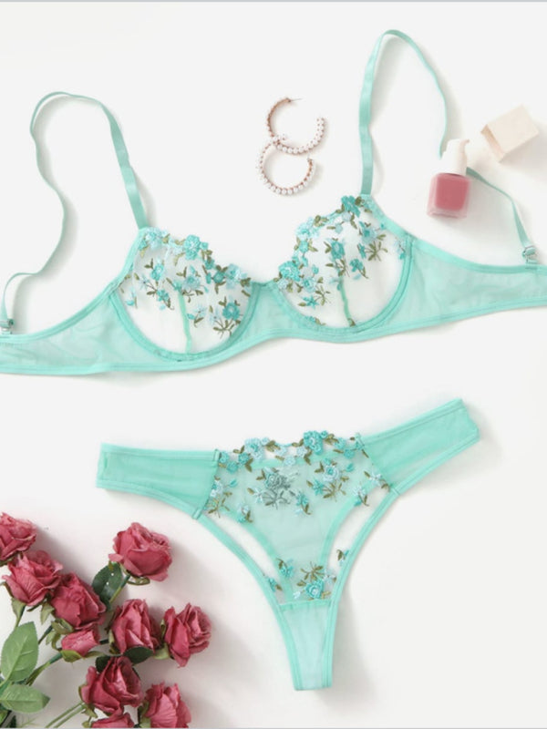 Floral Sheer Knit Lingerie Set – Soft Stretch Polyester Blend
