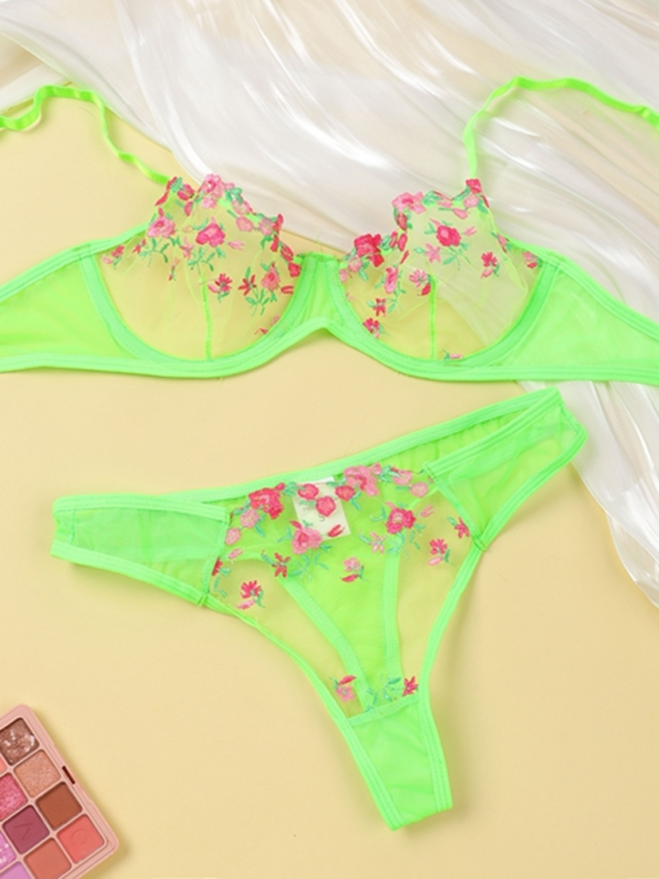 Floral Sheer Knit Lingerie Set – Soft Stretch Polyester Blend