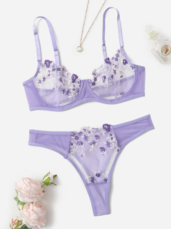 Floral Sheer Knit Lingerie Set – Soft Stretch Polyester Blend