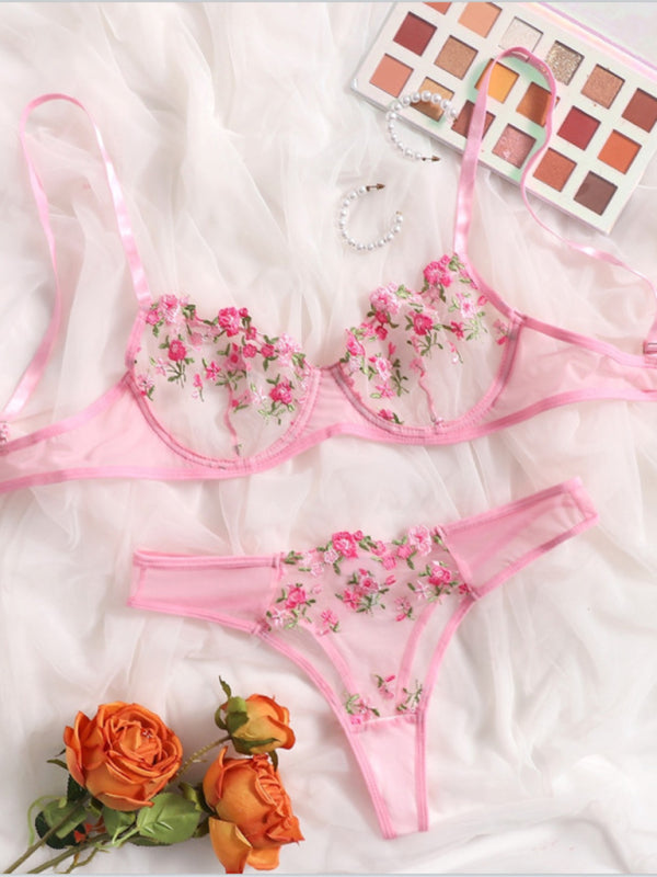 Floral Sheer Knit Lingerie Set – Soft Stretch Polyester Blend