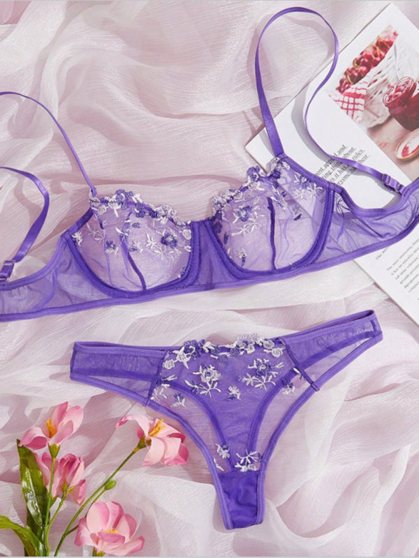 Floral Sheer Knit Lingerie Set – Soft Stretch Polyester Blend