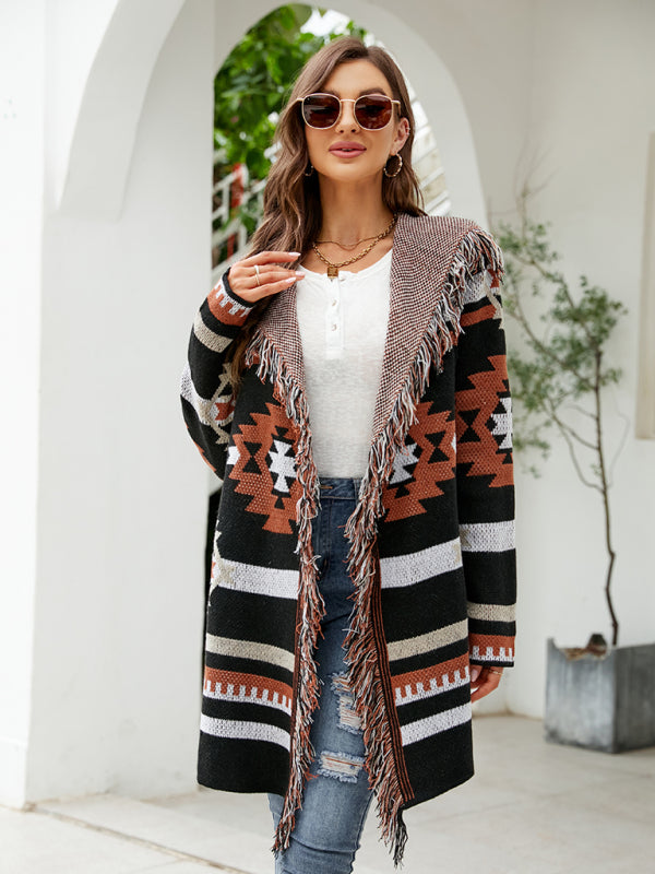 Women's Boho Fringed Jacquard Knit Cardigan Black